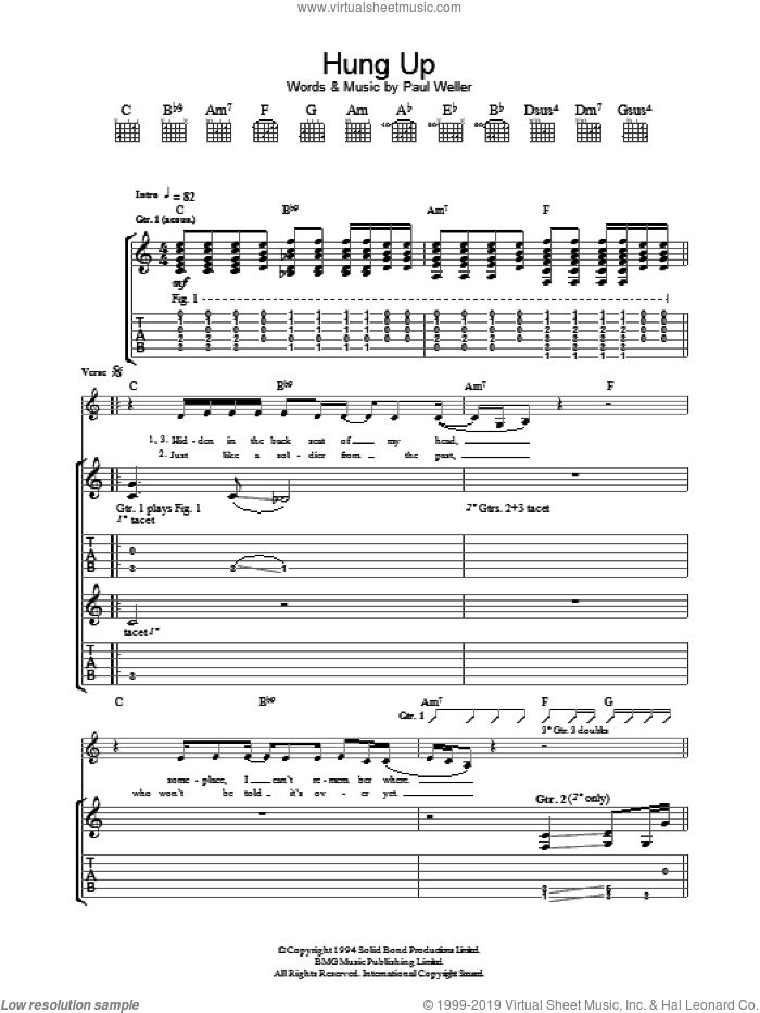 Hung Up sheet music for guitar (tablature) by Paul Weller, intermediate skill level