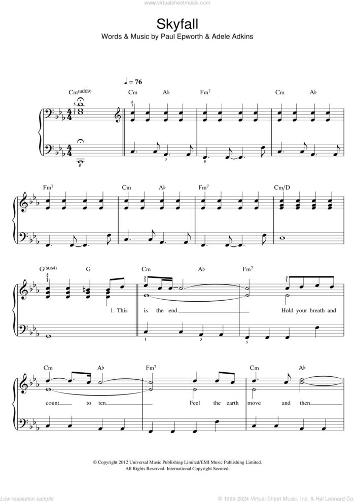 Skyfall sheet music for piano solo by Adele, Adele Adkins and Paul Epworth, easy skill level