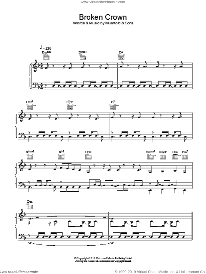 Broken Crown sheet music for voice, piano or guitar by Mumford & Sons, intermediate skill level