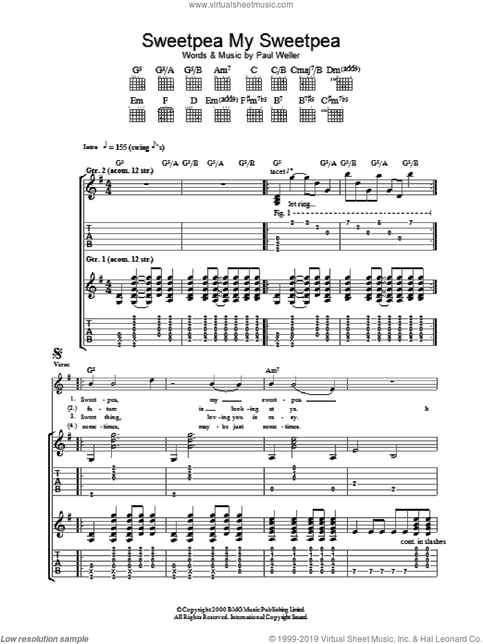 Sweet Pea, My Sweet Pea sheet music for guitar (tablature) by Paul Weller, intermediate skill level