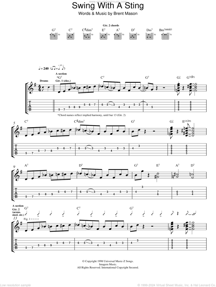 Swing With A Sting sheet music for guitar (tablature) by Brent Mason, intermediate skill level