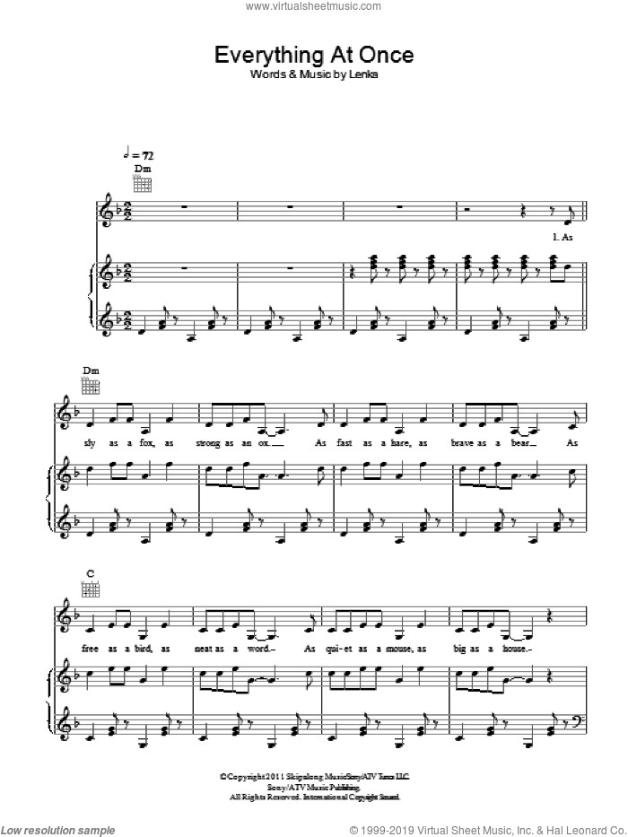 Everything At Once sheet music for voice, piano or guitar by Lenka, intermediate skill level