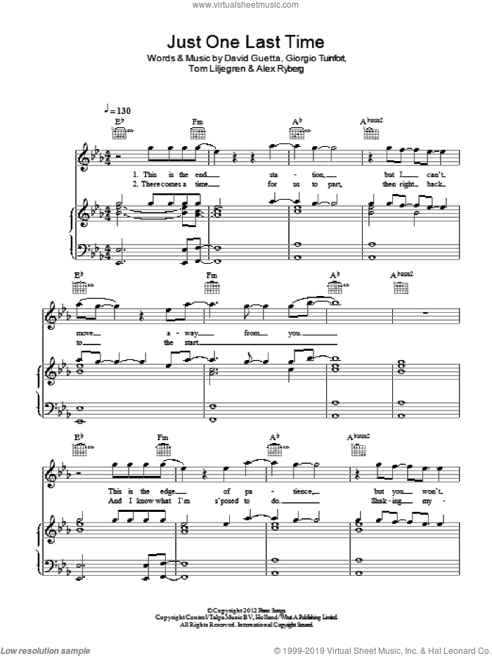 Just One Last Time sheet music for voice, piano or guitar by David Guetta, Alex Ryberg, Giorgio Tuinfort and Tom Liljegren, intermediate skill level