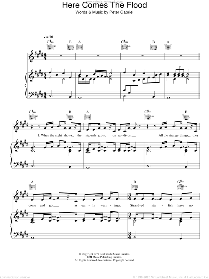 Here Comes The Flood sheet music for voice, piano or guitar by Peter Gabriel, intermediate skill level