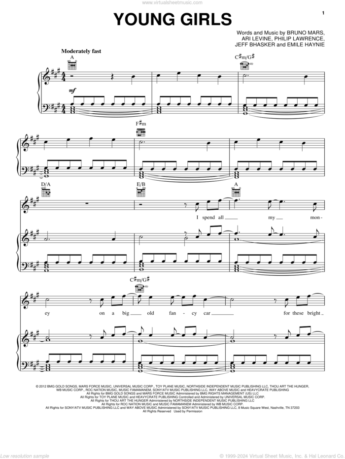 Young Girls sheet music for voice, piano or guitar by Bruno Mars, intermediate skill level