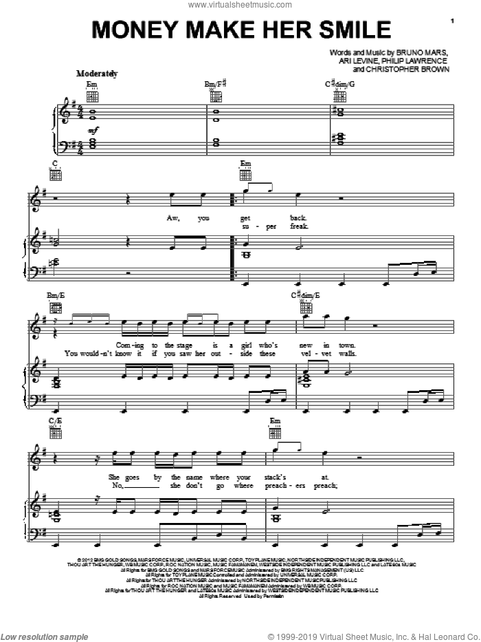 Money Make Her Smile sheet music for voice, piano or guitar by Bruno Mars, intermediate skill level