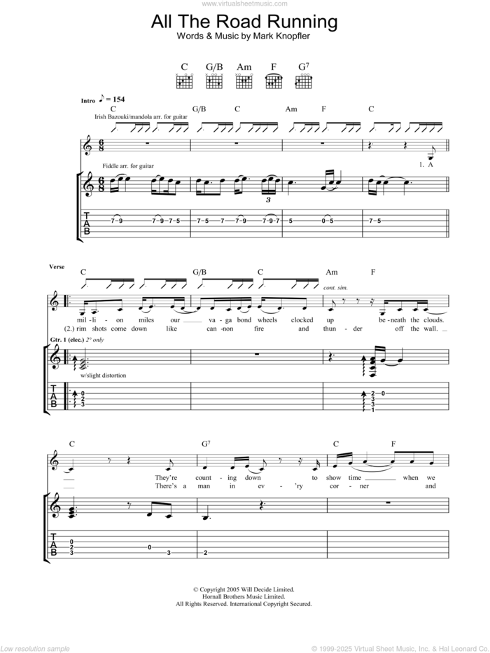 All The Road Running sheet music for guitar (tablature) by Mark Knopfler and Emmylou Harris, intermediate skill level