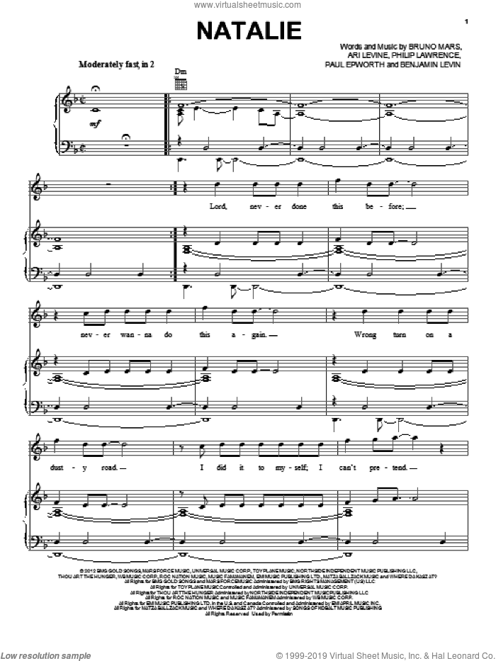 Natalie sheet music for voice, piano or guitar by Bruno Mars, intermediate skill level