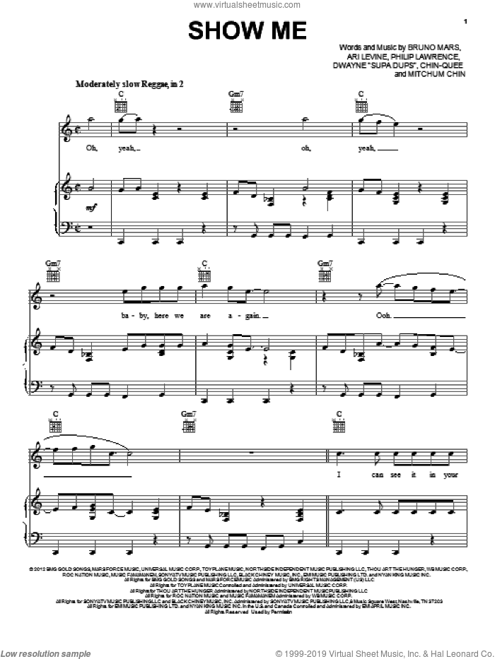 Show Me sheet music for voice, piano or guitar by Bruno Mars, intermediate skill level