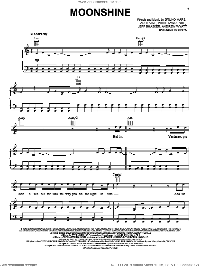 Moonshine sheet music for voice, piano or guitar by Bruno Mars, intermediate skill level