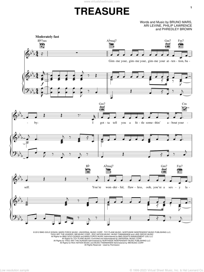 Treasure sheet music for voice, piano or guitar by Bruno Mars, intermediate skill level