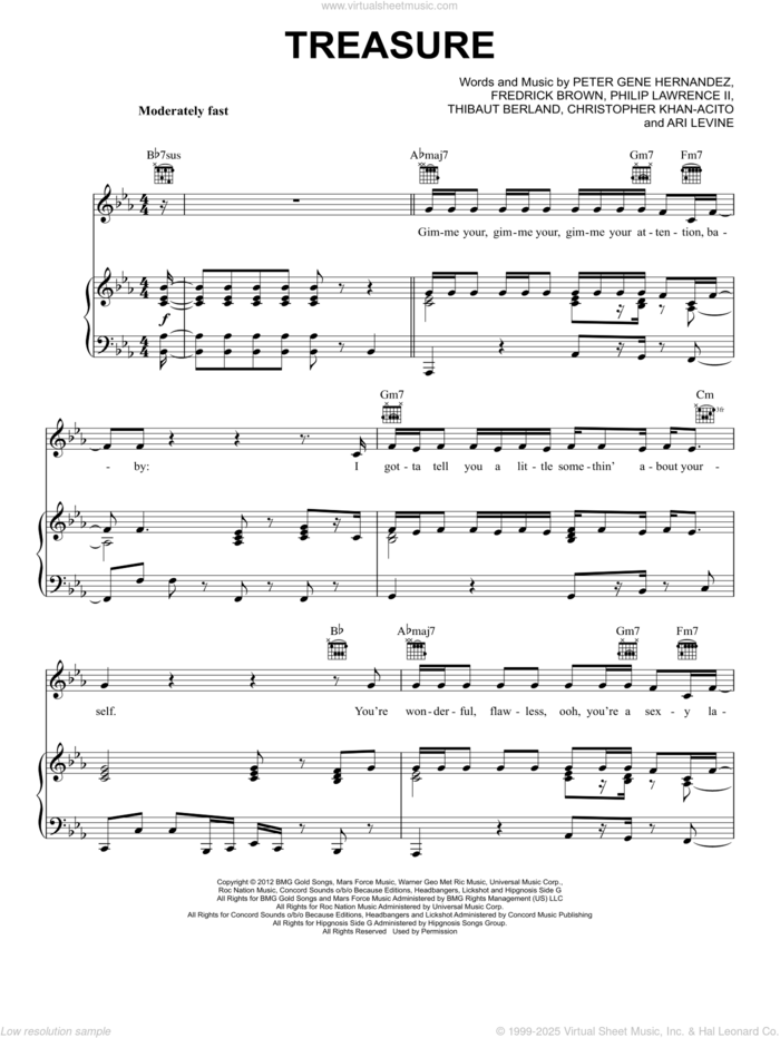 Treasure sheet music for voice, piano or guitar by Bruno Mars, intermediate skill level