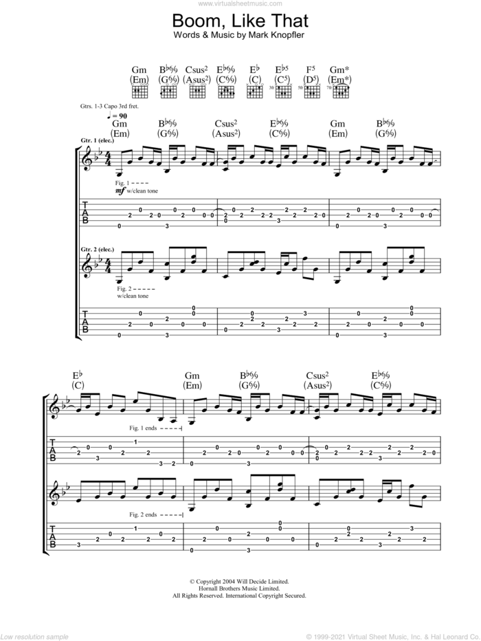 Boom, Like That sheet music for guitar (tablature) by Mark Knopfler, intermediate skill level
