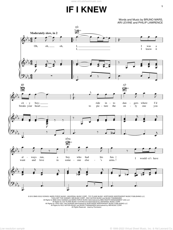 If I Knew sheet music for voice, piano or guitar by Bruno Mars, intermediate skill level