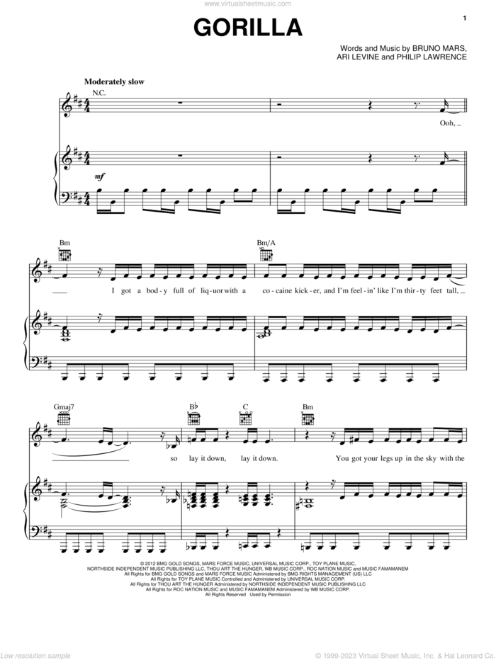 Gorilla sheet music for voice, piano or guitar by Bruno Mars, intermediate skill level