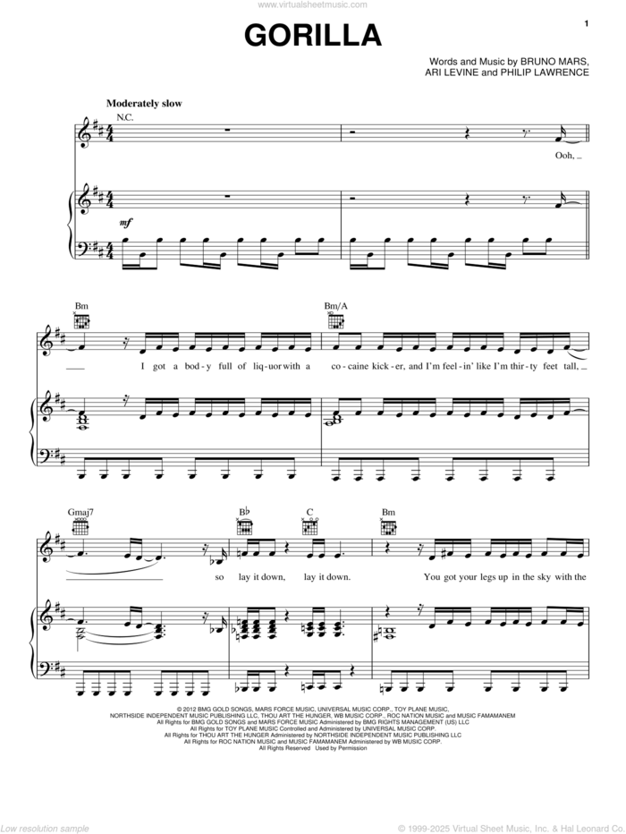 Gorilla sheet music for voice, piano or guitar by Bruno Mars, intermediate skill level