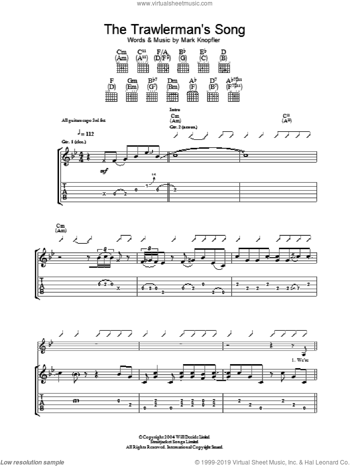 The Trawlerman's Song sheet music for guitar (tablature) by Mark Knopfler, intermediate skill level