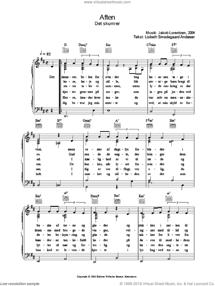Aften - Det Skumrer sheet music for voice, piano or guitar by Jakob Lorentzen and Lisbeth Smedegaard Andersen, intermediate skill level