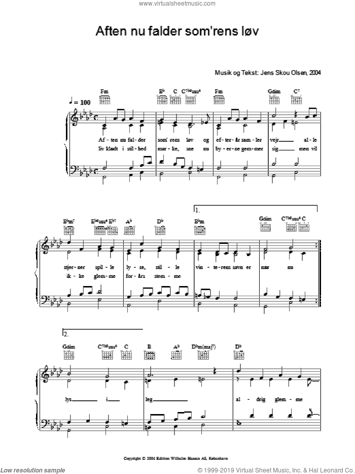 Aften Nu Falder Som'rens LAuv sheet music for voice, piano or guitar by Jens Skou Olsen, intermediate skill level