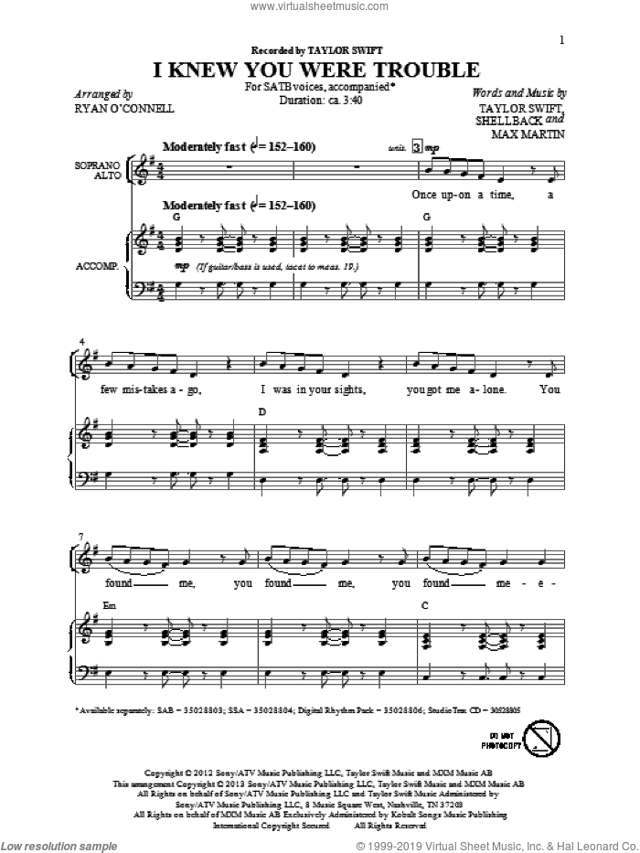 I Knew You Were Trouble sheet music for choir (SATB: soprano, alto, tenor, bass) by Taylor Swift, intermediate skill level