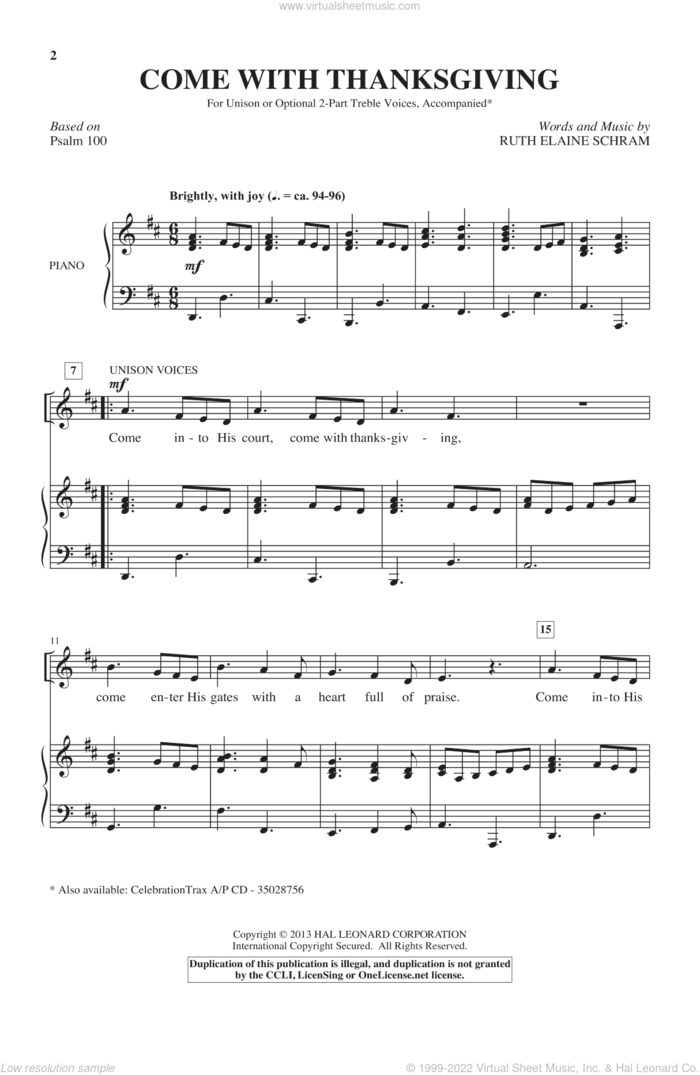 Come With Thanksgiving sheet music for choir (Unison) by Ruth Elaine Schram, intermediate skill level