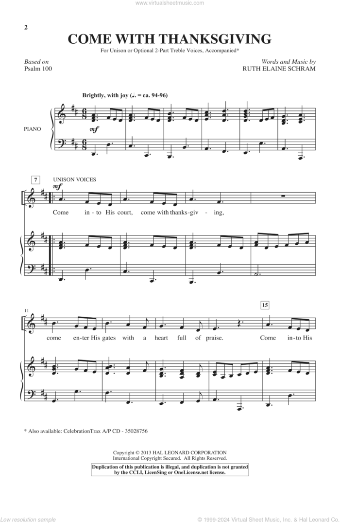 Come With Thanksgiving sheet music for choir (Unison) by Ruth Elaine Schram, intermediate skill level