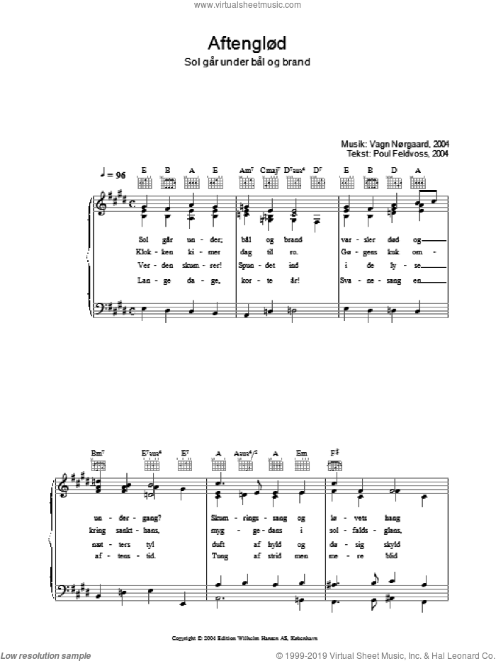 AftenglAud - Sol GAr Under BAl Og Brand sheet music for voice, piano or guitar by Poul Feldvoss and Vagn Norgaard, intermediate skill level