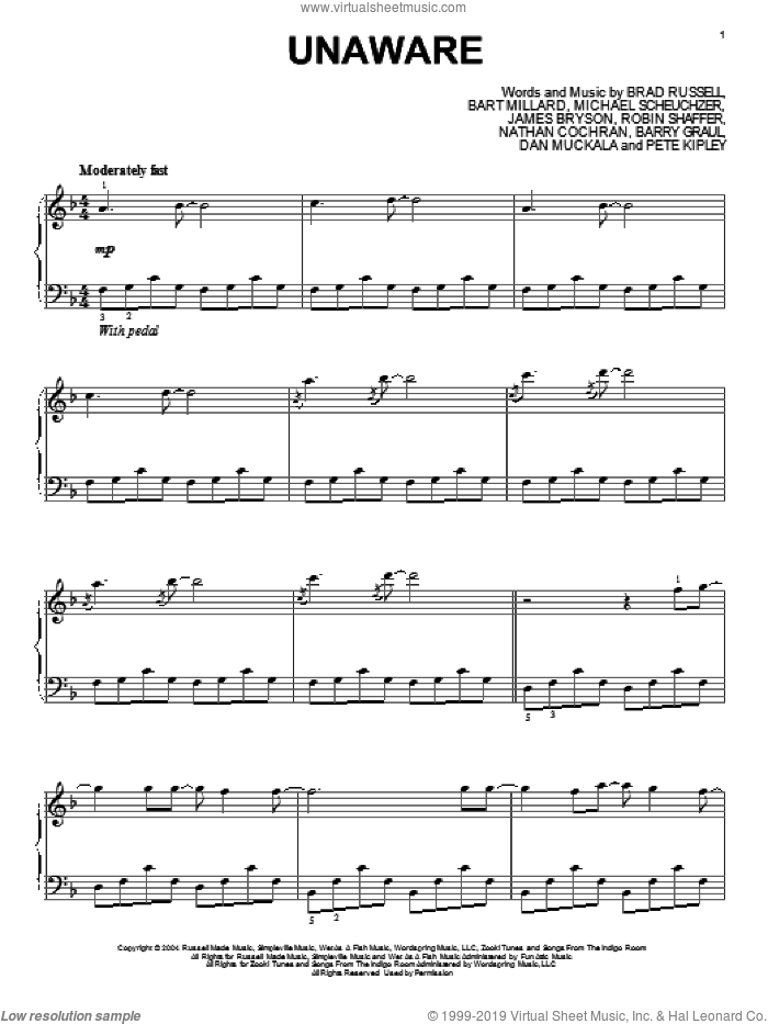 Unaware sheet music for piano solo by MercyMe, intermediate skill level