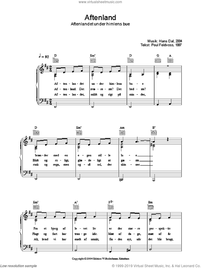 Aftenland - Aftenlandet Under Himlens Bue sheet music for voice, piano or guitar by Hans Dal and Poul Feldvoss, intermediate skill level