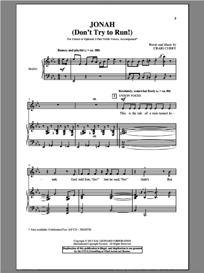 Jonah (Don't Try To Run!) sheet music for choir (Unison) by Craig Curry, intermediate skill level