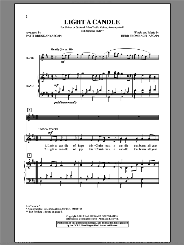 Light A Candle sheet music for choir (2-Part) by Patti Drennan, intermediate duet