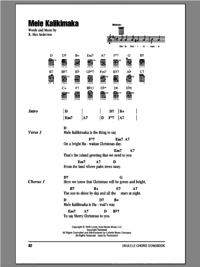 Mele Kalikimaka sheet music for ukulele (chords) by Bing Crosby and R. Alex Anderson, intermediate skill level