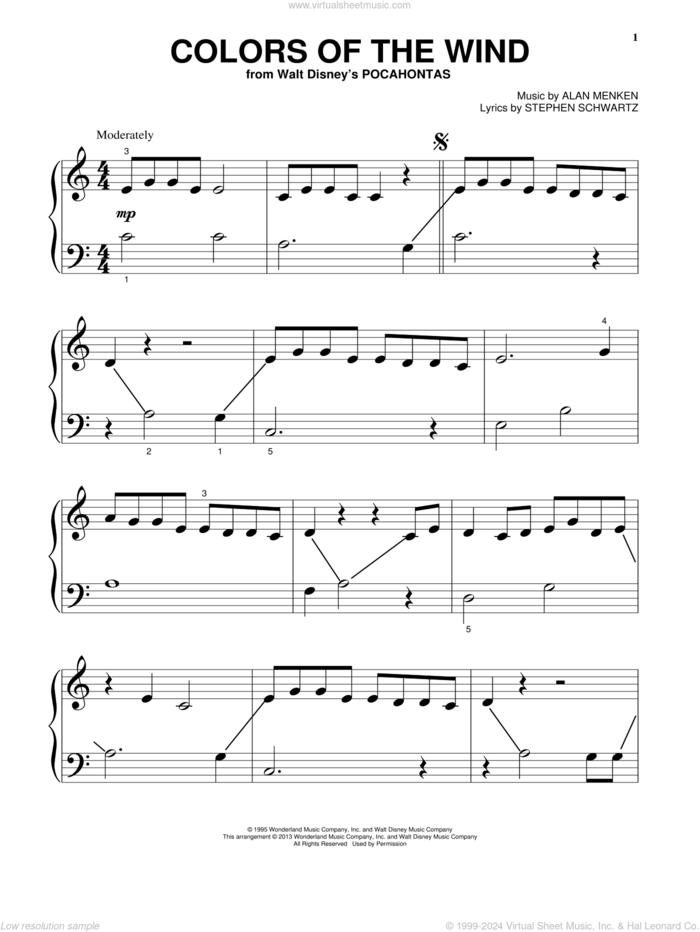 Colors Of The Wind (from Pocahontas), (beginner) (from Pocahontas) sheet music for piano solo by Vanessa Williams, Alan Menken and Stephen Schwartz, beginner skill level