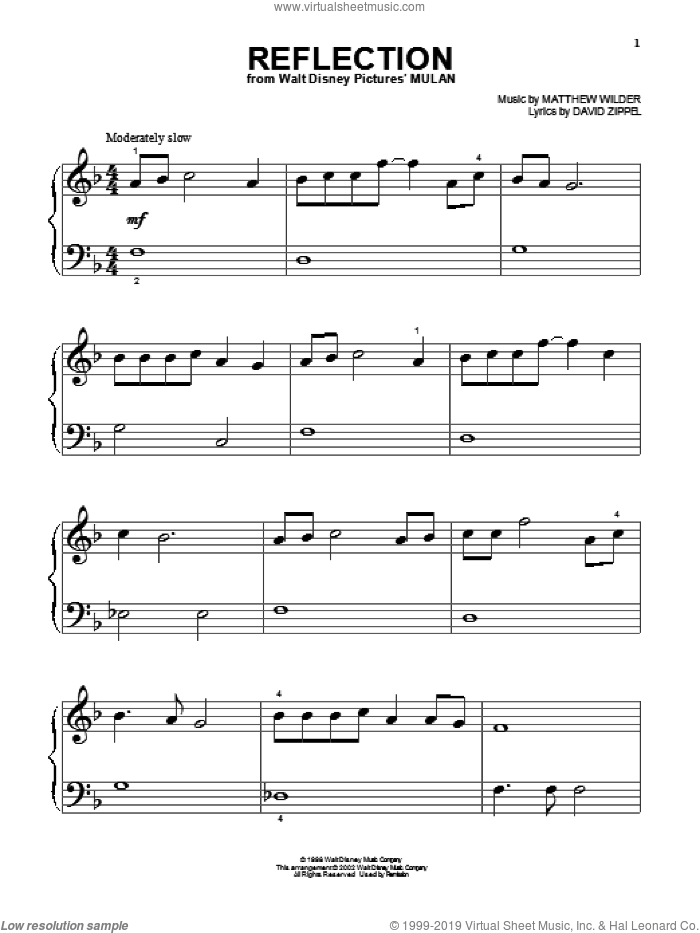 Reflection (Pop Version) (from Mulan) sheet music for piano solo (big note book) by Christina Aguilera, David Zippel and Matthew Wilder, easy piano (big note book)