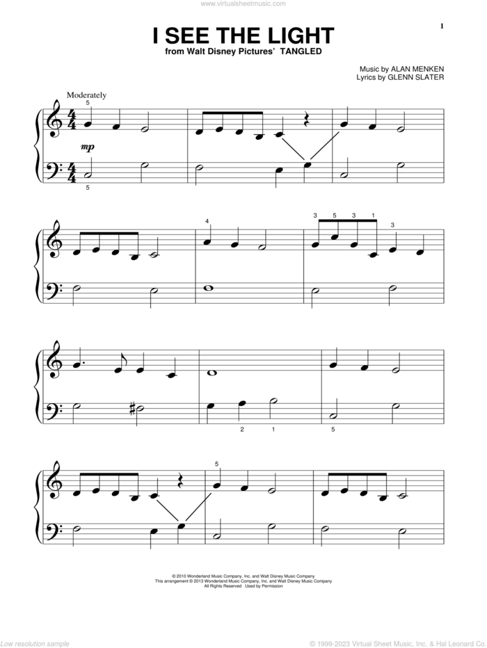 I See The Light (from Tangled) sheet music for piano solo (big note book) by Glenn Slater and Alan Menken, easy piano (big note book)