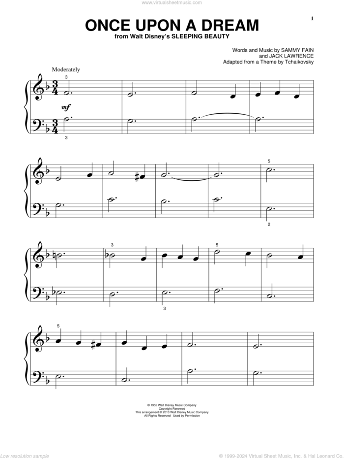 Once Upon A Dream, (beginner) sheet music for piano solo by Sammy Fain and Jack Lawrence, beginner skill level