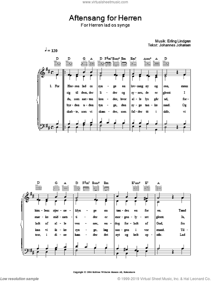 Aftensang For Herren - For Herren Lad Os Singe sheet music for voice, piano or guitar by Erling Lindgren and Johannes Johansen, intermediate skill level