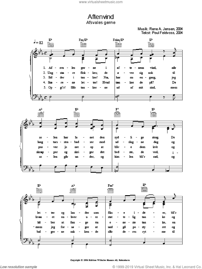 Aftenvind - Afsvales Gerne sheet music for voice, piano or guitar by Rene A. Jensen and Poul Feldvoss, intermediate skill level