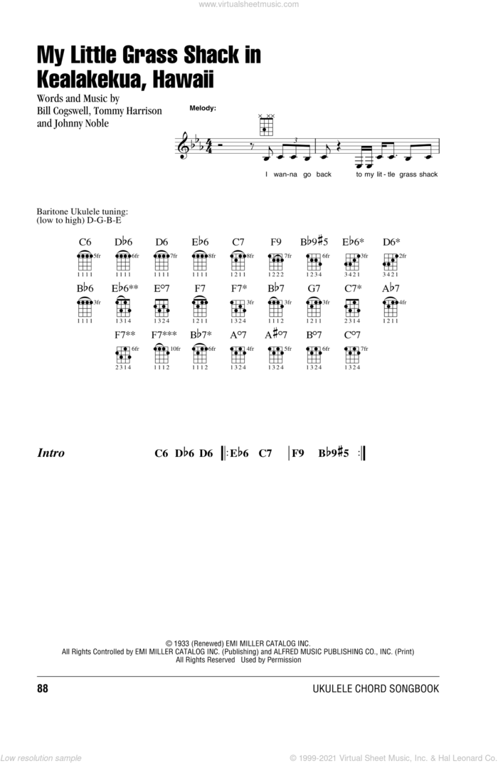 My Little Grass Shack In Kealakekua, Hawaii sheet music for ukulele (chords) by Bill Cogswell, Johnny Noble and Tommy Harrison, intermediate skill level