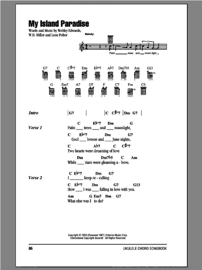 My Island Paradise sheet music for ukulele (chords) by Webley Edwards and W.H. Miller, intermediate skill level