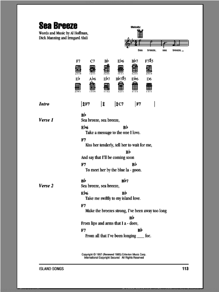 Sea Breeze sheet music for ukulele (chords) by Dick Manning, Al Hoffman and Irmgard Aluli, intermediate skill level