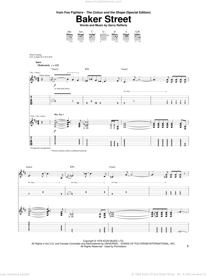 Baker Street sheet music for guitar (tablature) by Foo Fighters, intermediate skill level