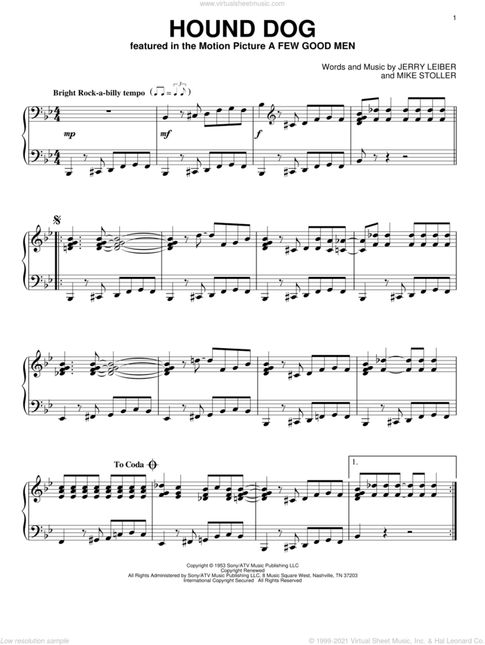 Hound Dog, (intermediate) sheet music for piano solo by Elvis Presley, Jerry Leiber and Mike Stoller, intermediate skill level