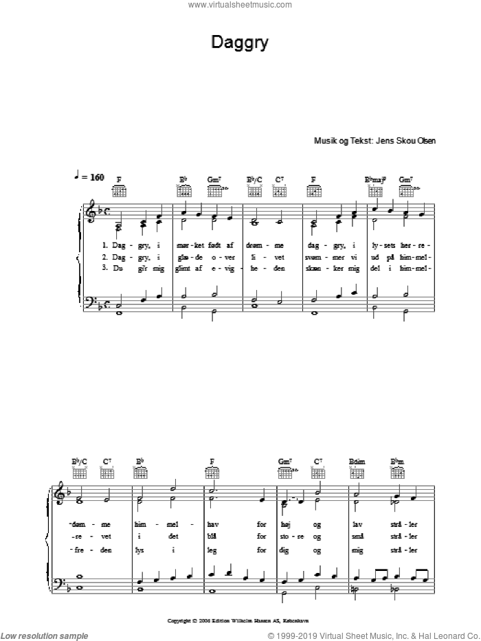 Daggry sheet music for voice, piano or guitar by Jens Skou Olsen, intermediate skill level