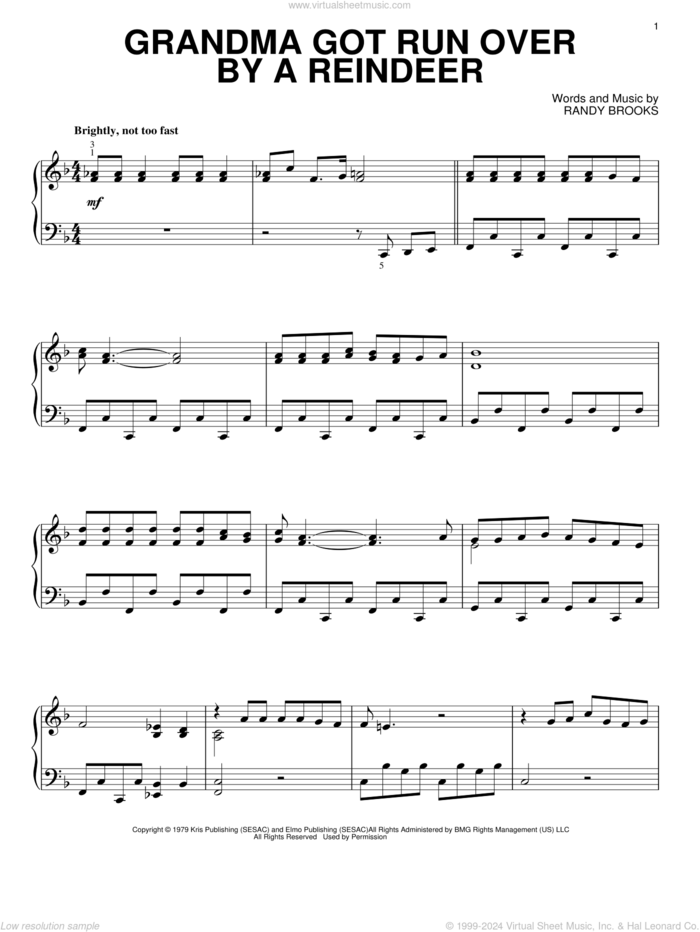 Grandma Got Run Over By A Reindeer, (intermediate) sheet music for piano solo by Randy Brooks, intermediate skill level