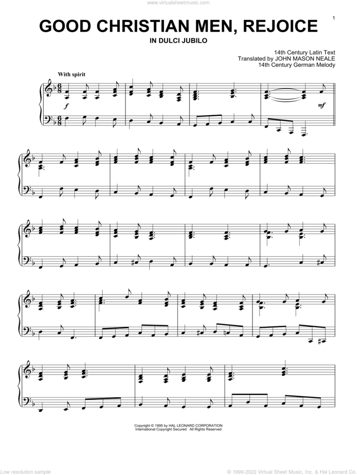Good Christian Men, Rejoice sheet music for piano solo by Anonymous and 14th Century German Melody, intermediate skill level
