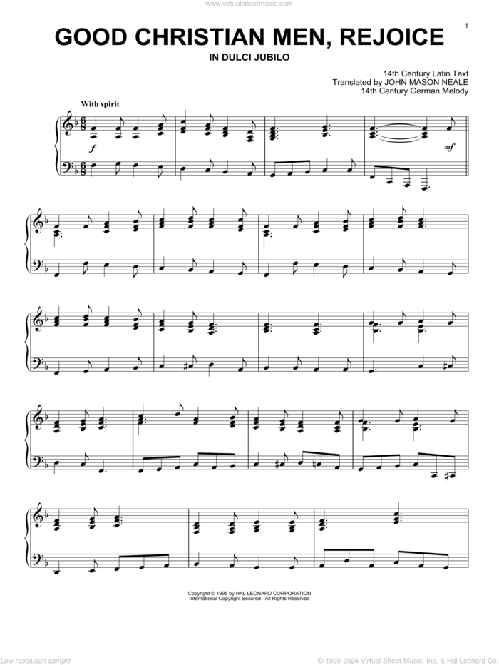 Good Christian Men, Rejoice sheet music for piano solo by Anonymous and 14th Century German Melody, intermediate skill level