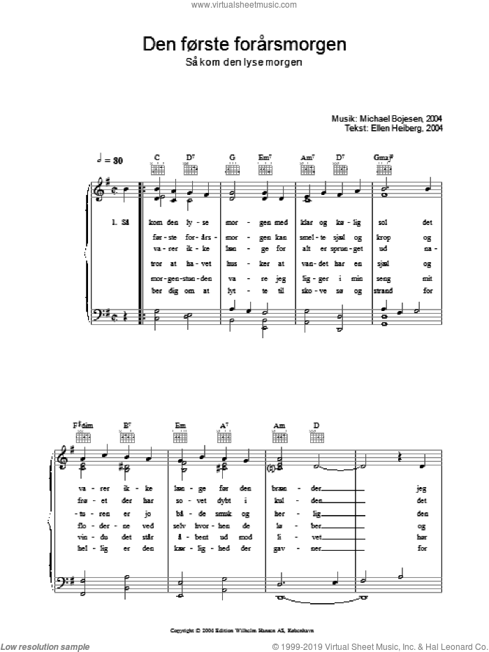Den Forste Forarsmorgenmorgen - Sa Kom Den Lyse Morgen sheet music for voice, piano or guitar by Michael Bojesen and Ellen Heiberg, intermediate skill level