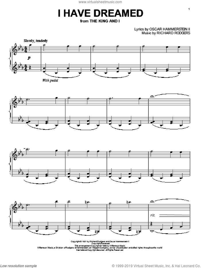 I Have Dreamed, (intermediate) sheet music for piano solo by Rodgers & Hammerstein, Oscar II Hammerstein and Richard Rodgers, intermediate skill level