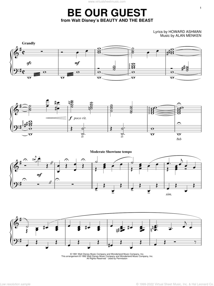 Be Our Guest (from Beauty And The Beast) sheet music for piano solo by Howard Ashman, Alan Menken and Alan Menken & Howard Ashman, intermediate skill level